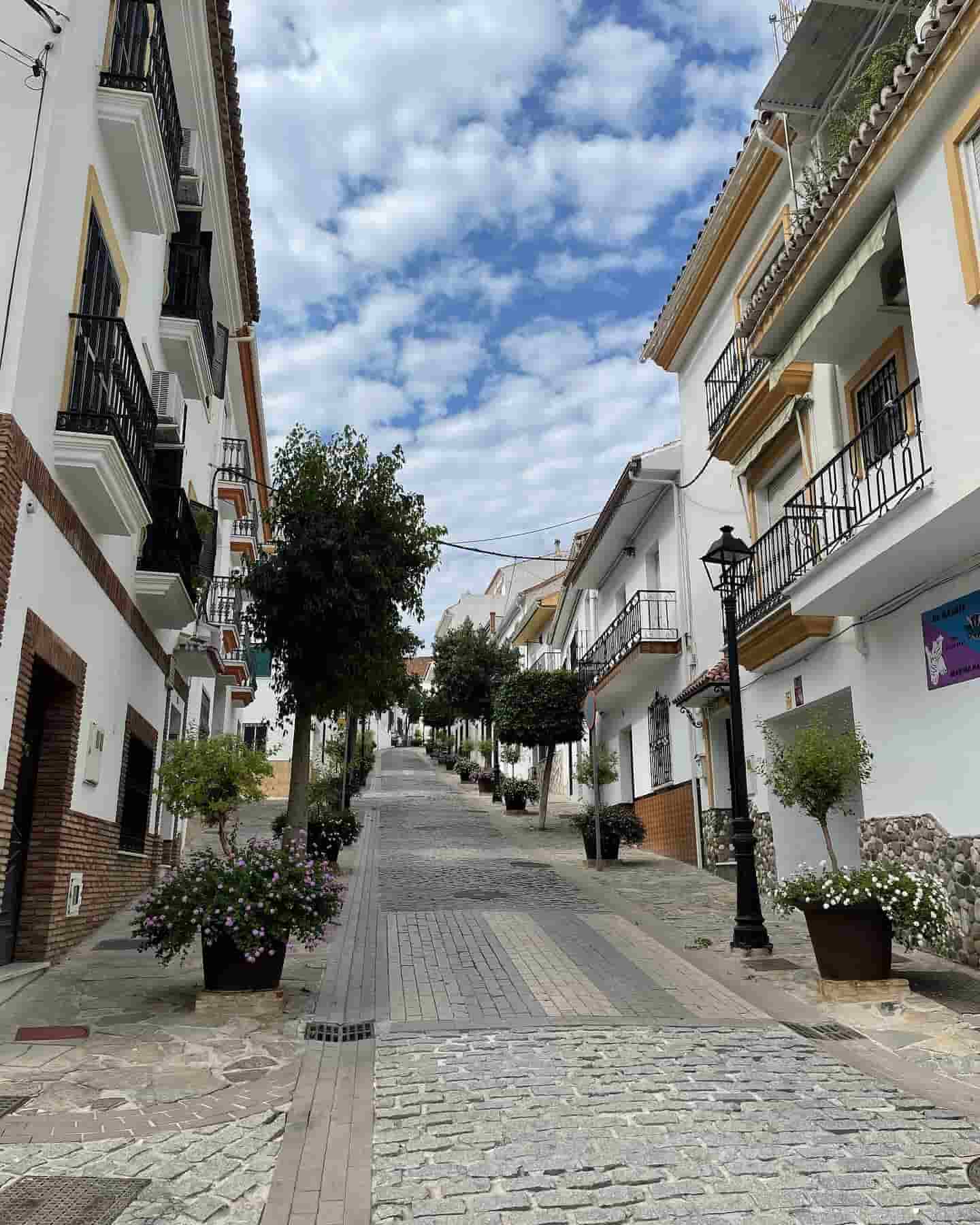 Calle empinada en Monda, bordeada de casas y decorada con flores y naranjos.